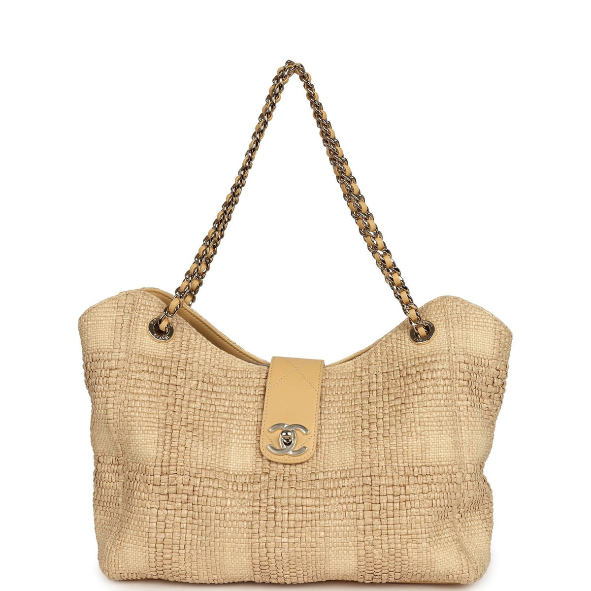 Pre-owned Chanel Small Shopping Bag Beige Braided Raffia Light Gold Hardware