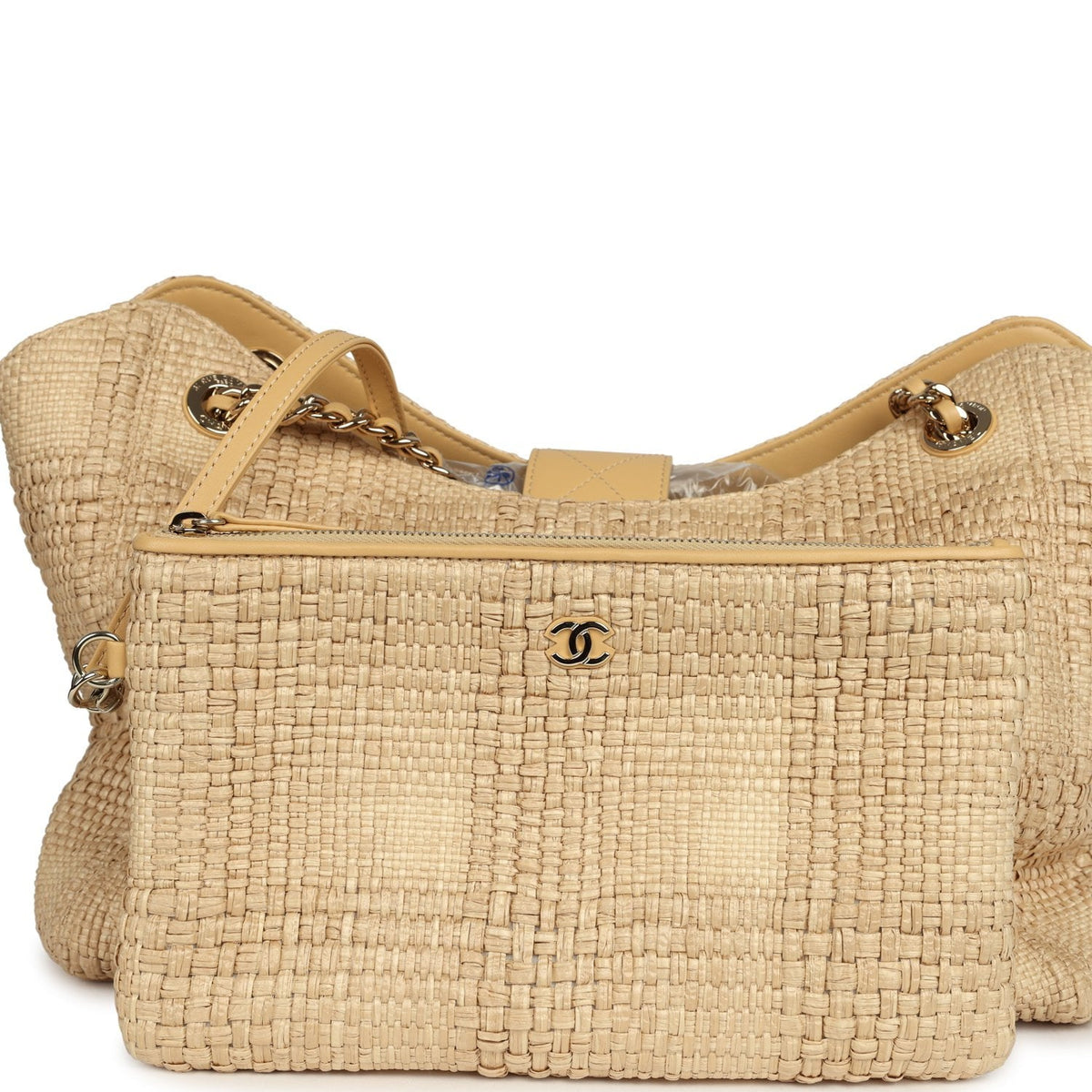 Pre-owned Chanel Small Shopping Bag Beige Braided Raffia Light Gold Hardware
