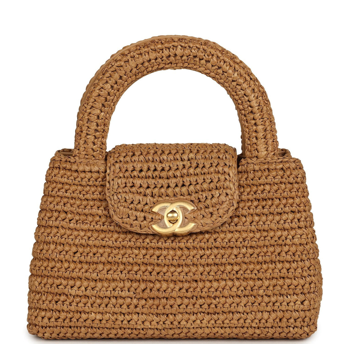 Chanel Small Kelly Shopper Dark Beige Raffia Brushed Gold Hardware