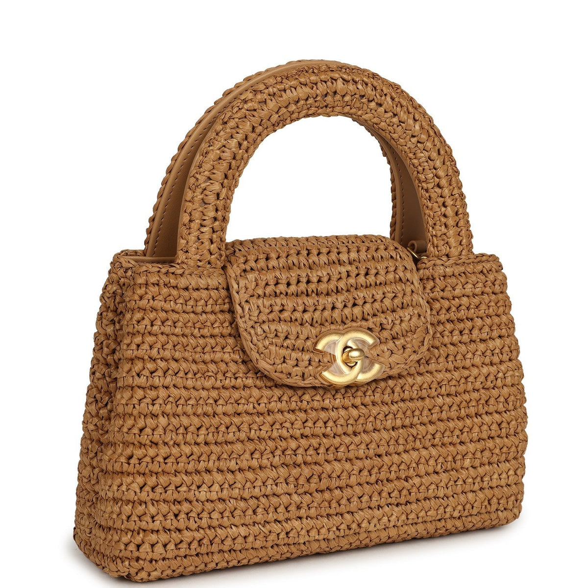 Chanel Small Kelly Shopper Dark Beige Raffia Brushed Gold Hardware