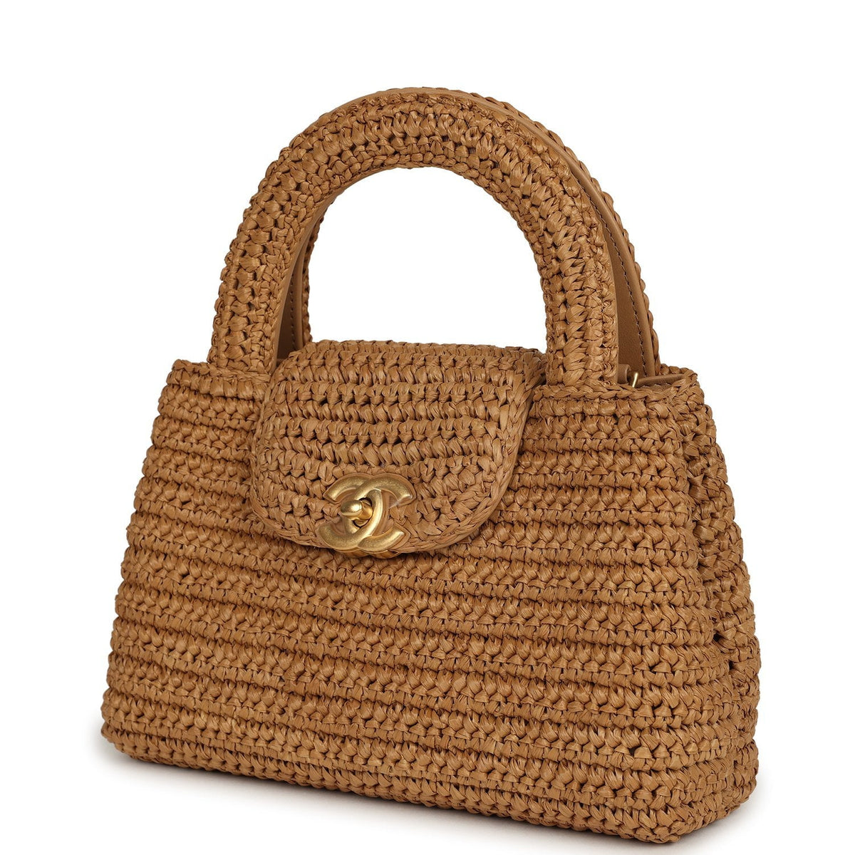 Chanel Small Kelly Shopper Dark Beige Raffia Brushed Gold Hardware