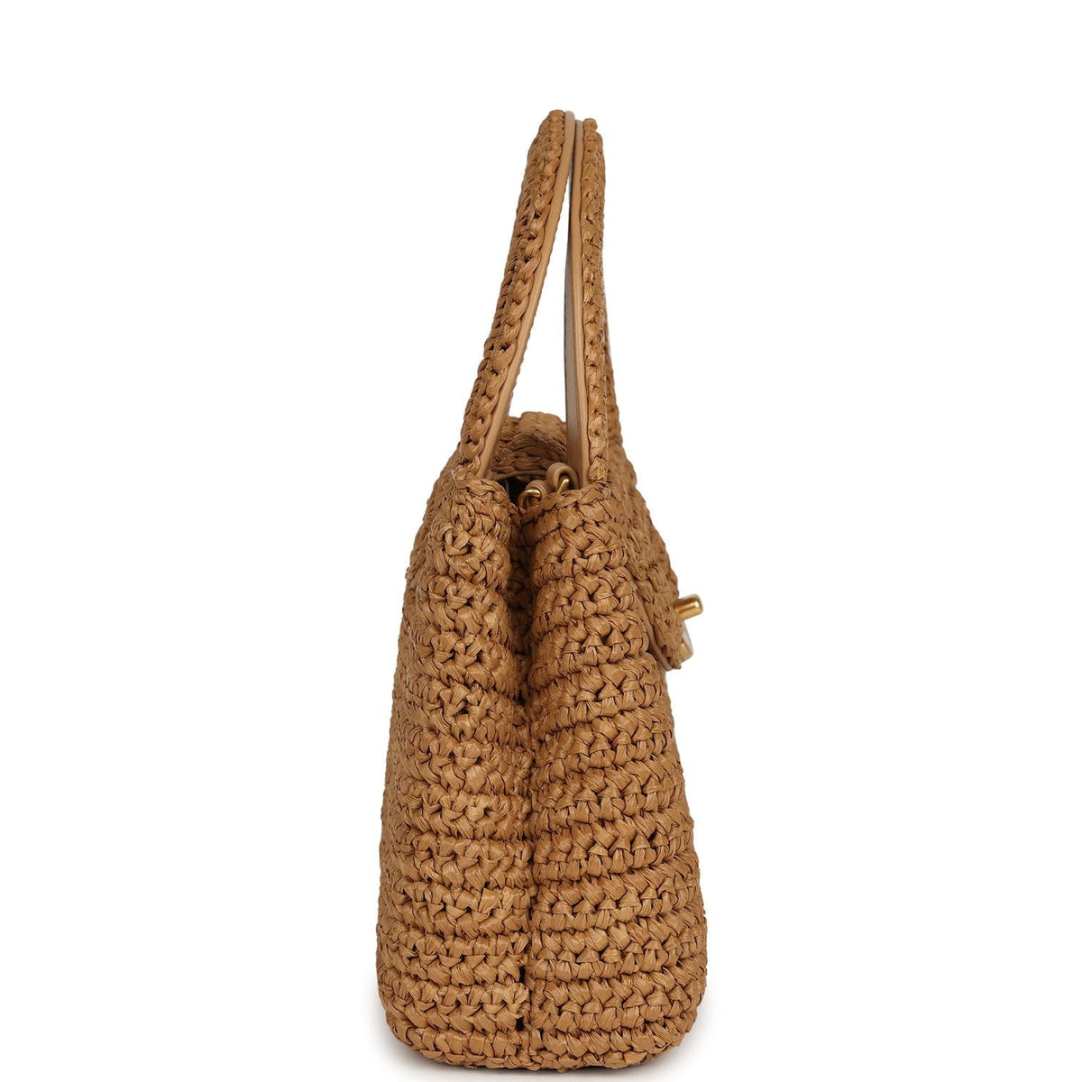 Chanel Small Kelly Shopper Dark Beige Raffia Brushed Gold Hardware
