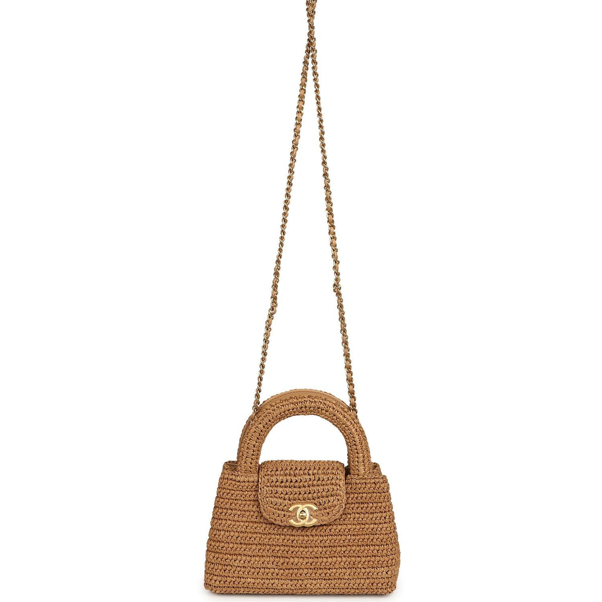 Chanel Small Kelly Shopper Dark Beige Raffia Brushed Gold Hardware