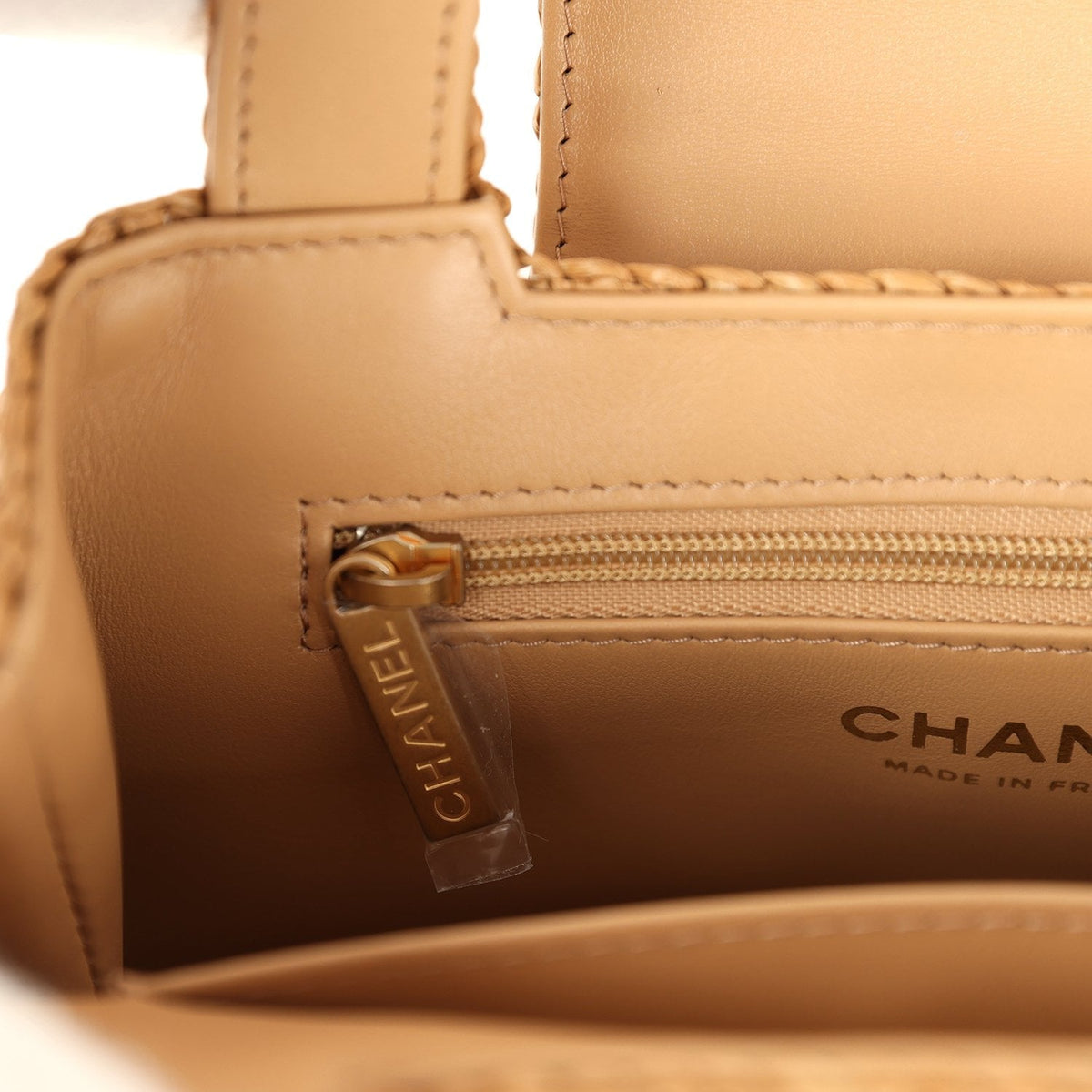 Chanel Small Kelly Shopper Dark Beige Raffia Brushed Gold Hardware