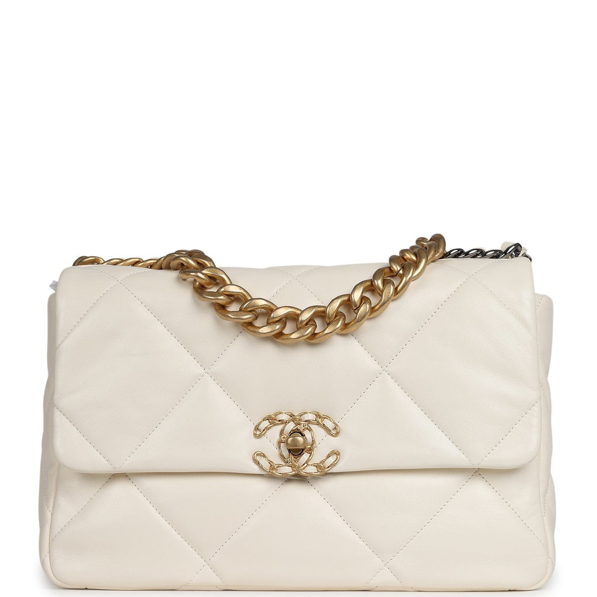 Chanel Large 19 Flap Bag White Shiny Lambskin Mixed Metal Hardware