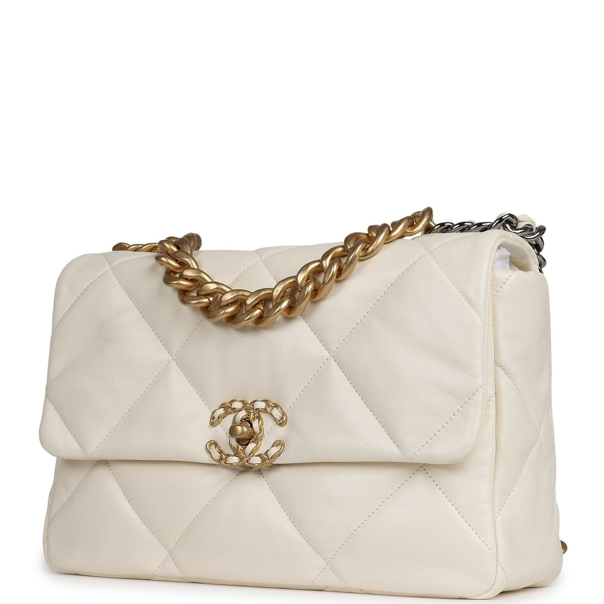 Chanel Large 19 Flap Bag White Shiny Lambskin Mixed Metal Hardware