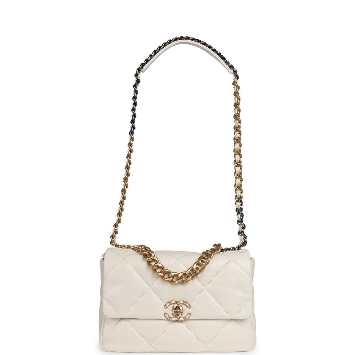 Chanel Large 19 Flap Bag White Shiny Lambskin Mixed Metal Hardware