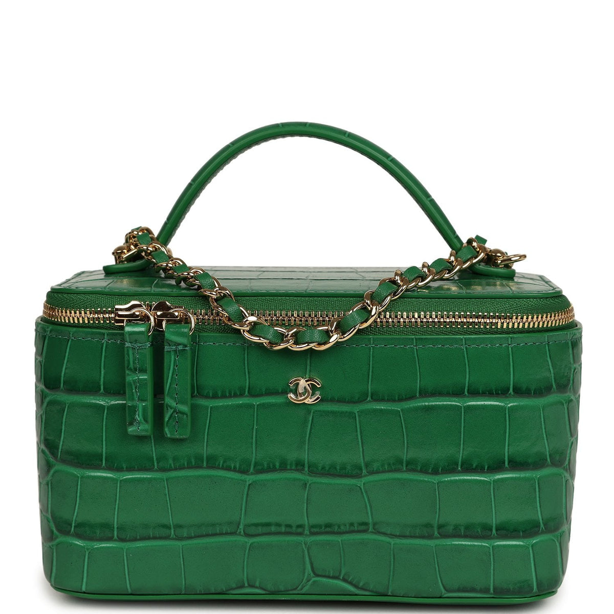 Chanel Small Top Handle Vanity Case Green Croc Embossed Calfskin Gold Hardware