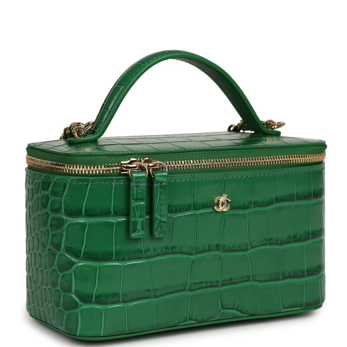 Chanel Small Top Handle Vanity Case Green Croc Embossed Calfskin Gold Hardware