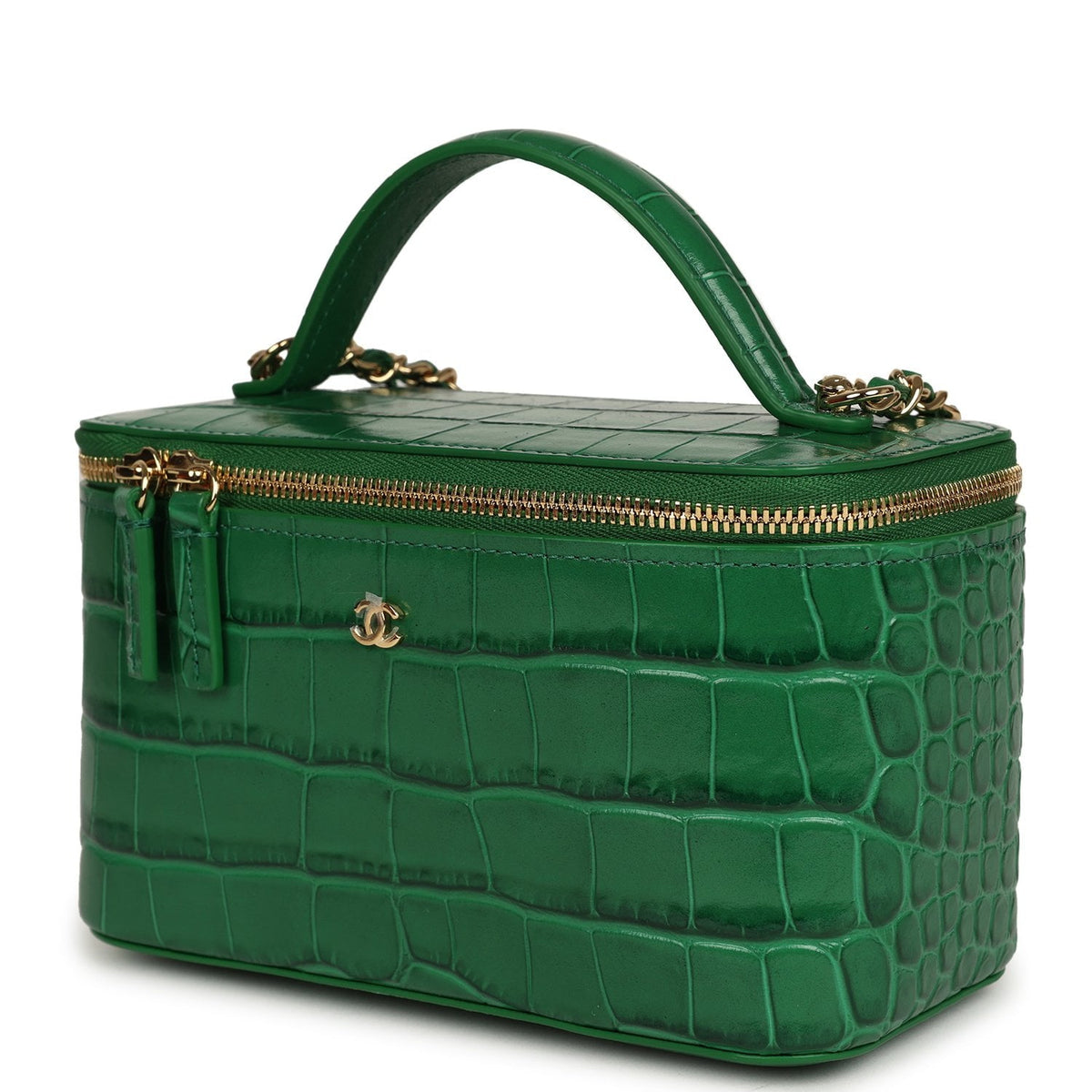 Chanel Small Top Handle Vanity Case Green Croc Embossed Calfskin Gold Hardware