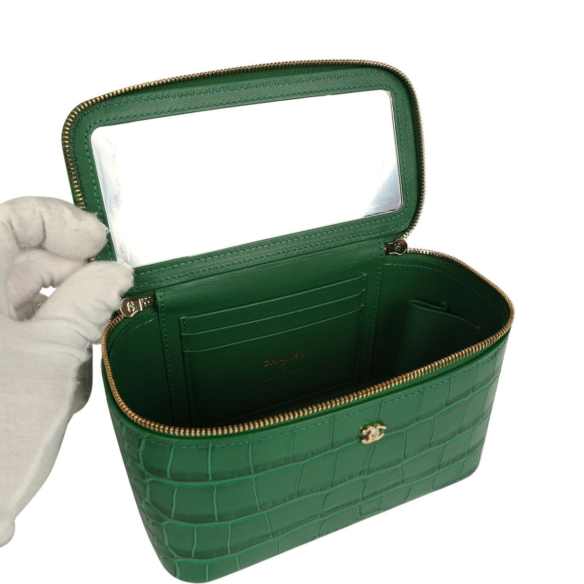 Chanel Small Top Handle Vanity Case Green Croc Embossed Calfskin Gold Hardware