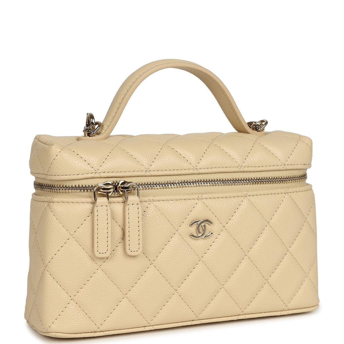 Chanel Top Handle Long Vanity Case with Chain Beige Shiny Caviar Light Gold Hardware