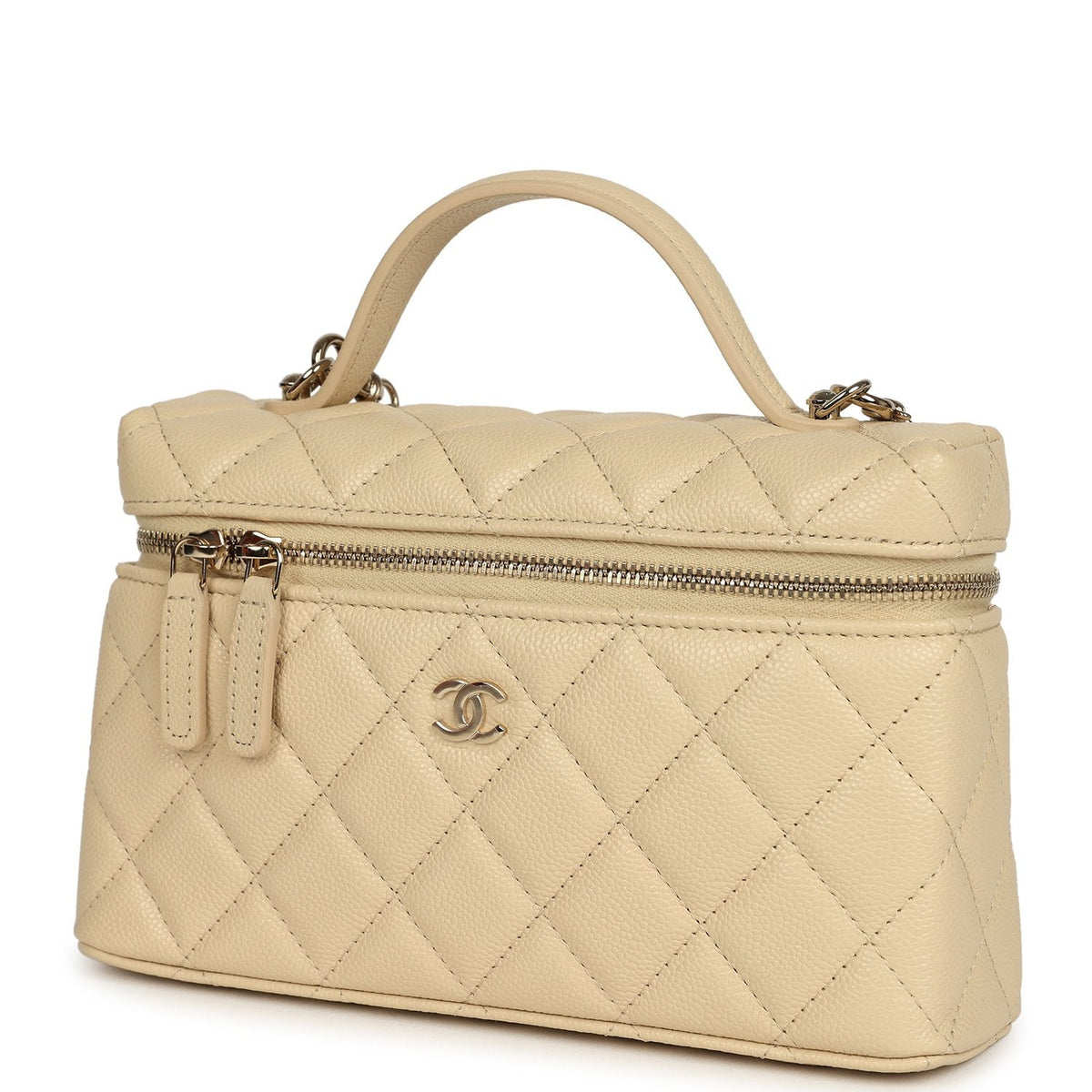 Chanel Top Handle Long Vanity Case with Chain Beige Shiny Caviar Light Gold Hardware