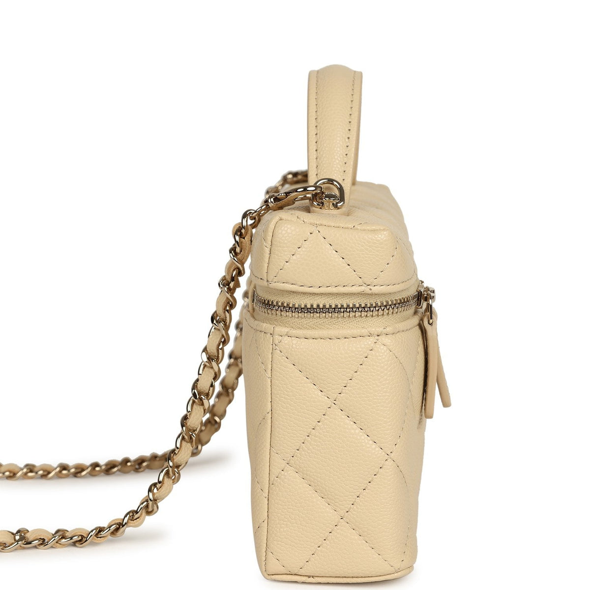 Chanel Top Handle Long Vanity Case with Chain Beige Shiny Caviar Light Gold Hardware