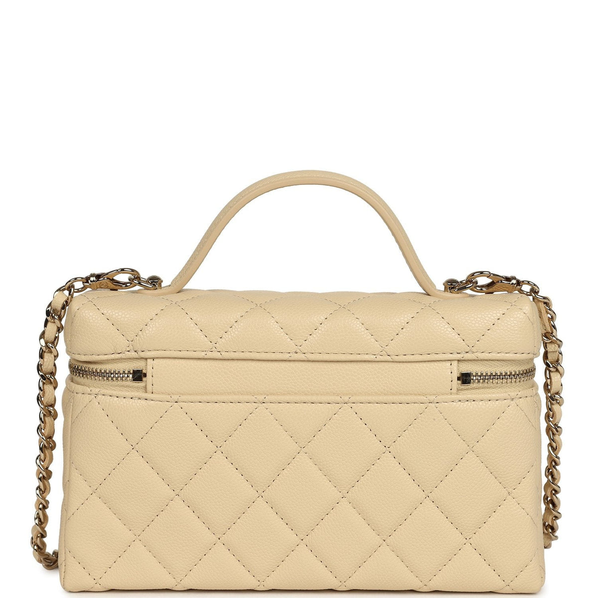 Chanel Top Handle Long Vanity Case with Chain Beige Shiny Caviar Light Gold Hardware