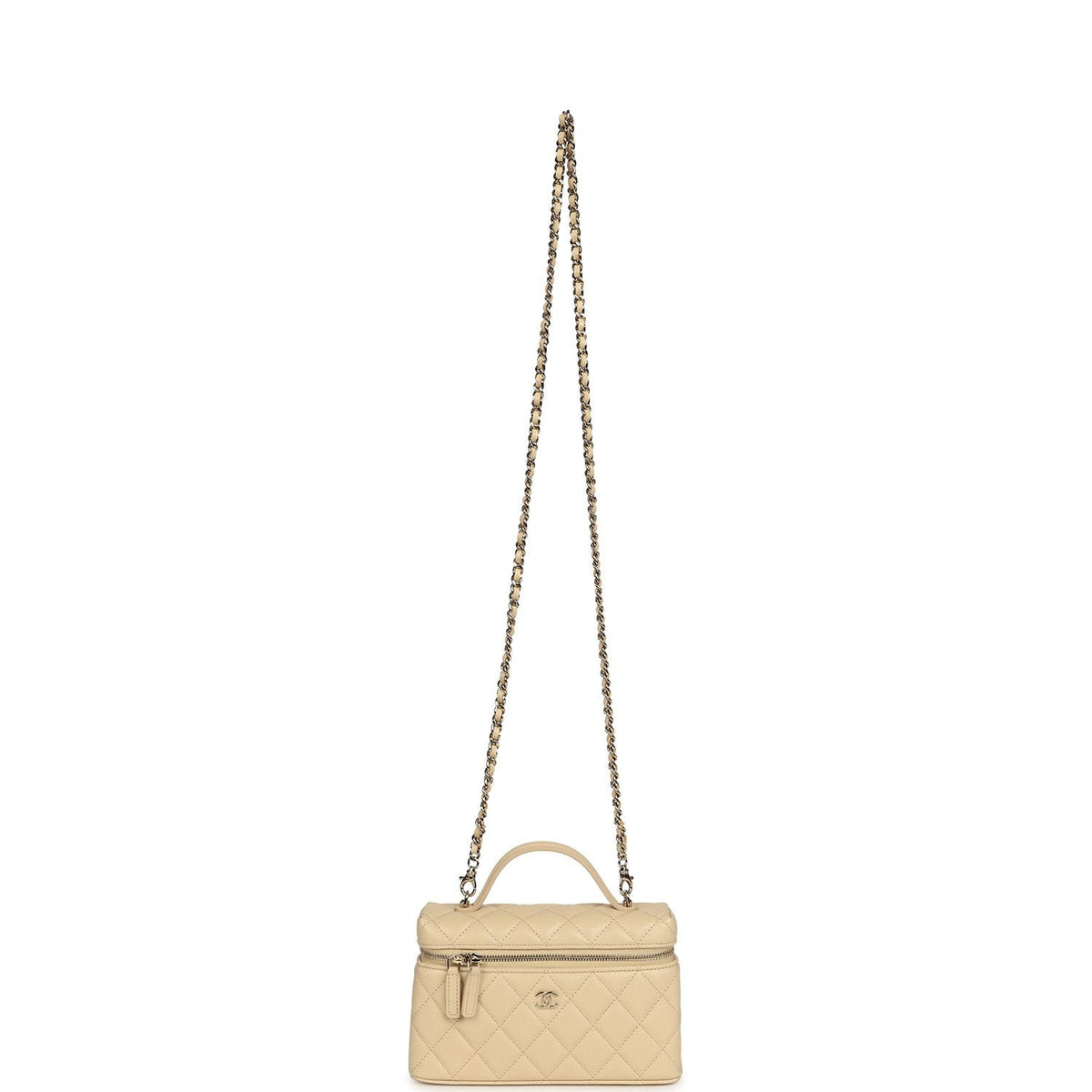 Chanel Top Handle Long Vanity Case with Chain Beige Shiny Caviar Light Gold Hardware