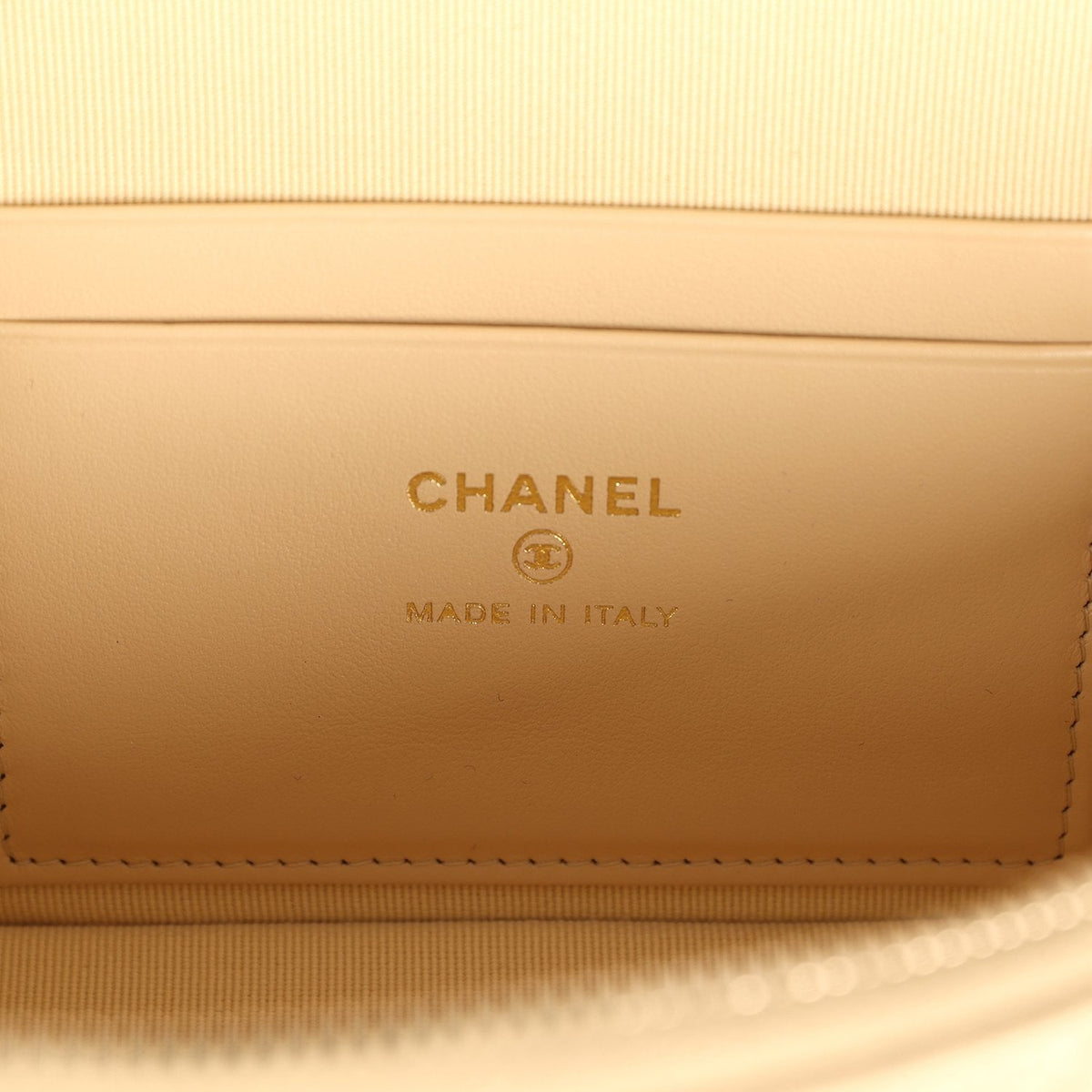 Chanel Top Handle Long Vanity Case with Chain Beige Shiny Caviar Light Gold Hardware