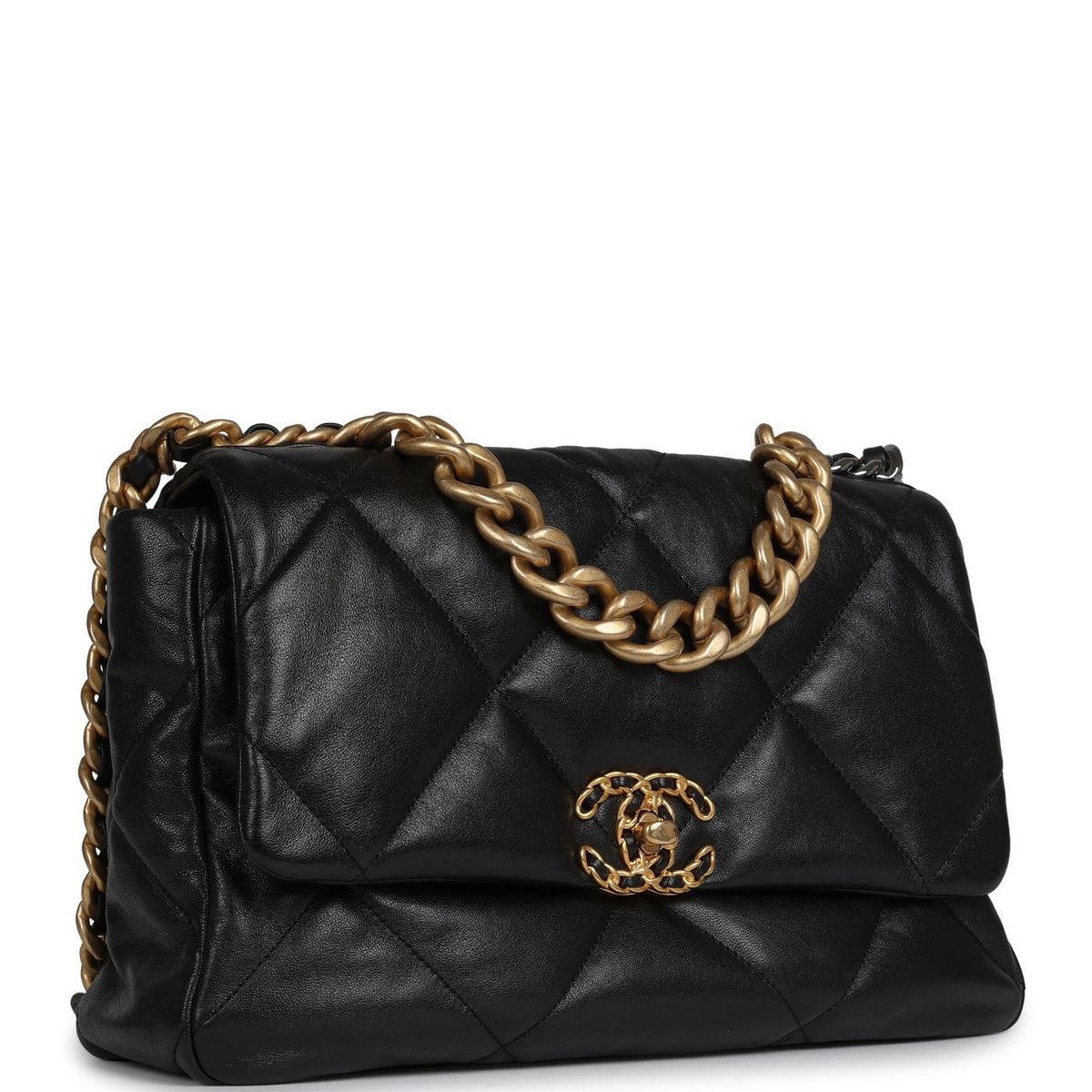 Chanel Large 19 Flap Bag Black Shiny Lambskin Mixed Metal Hardware