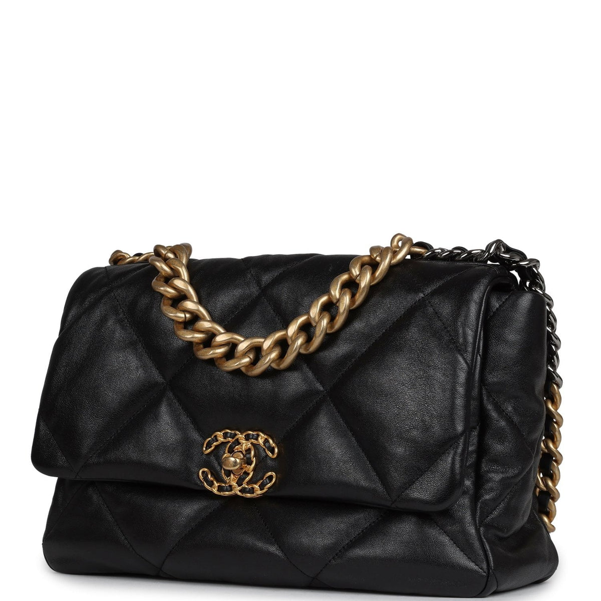 Chanel Large 19 Flap Bag Black Shiny Lambskin Mixed Metal Hardware