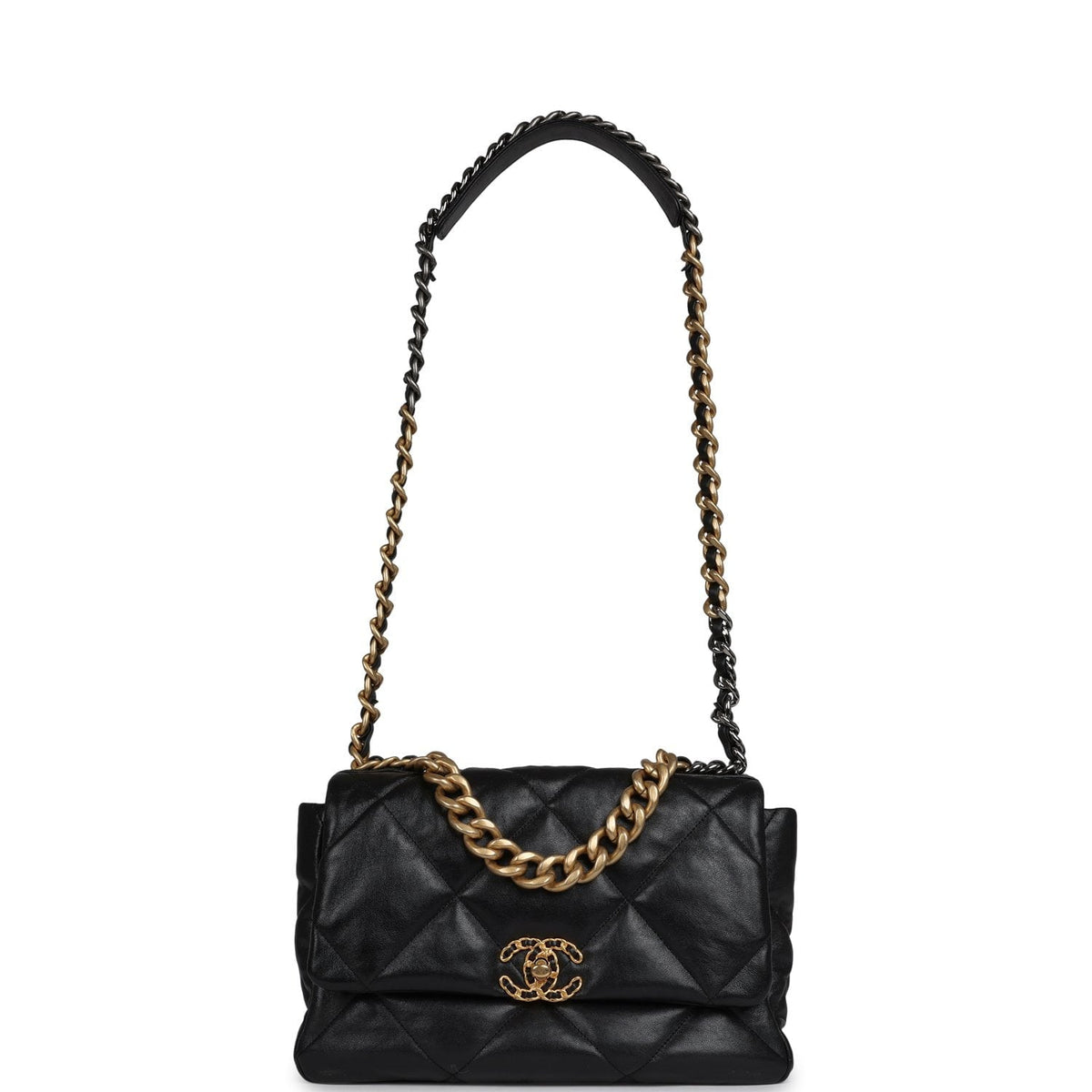 Chanel Large 19 Flap Bag Black Shiny Lambskin Mixed Metal Hardware