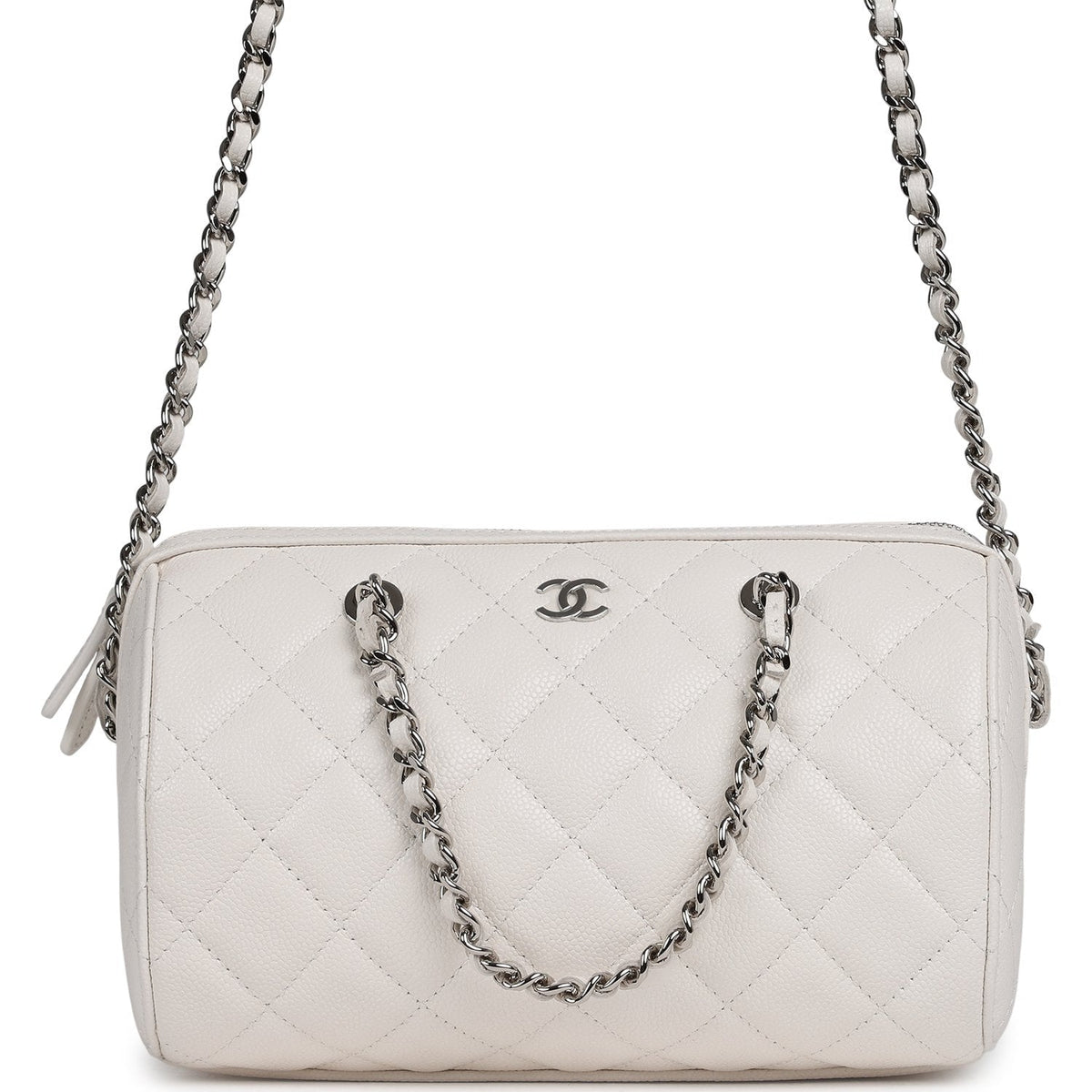Chanel Mini Timeless Classic Barrel Bag with Chain White Shiny Caviar Silver Hardware