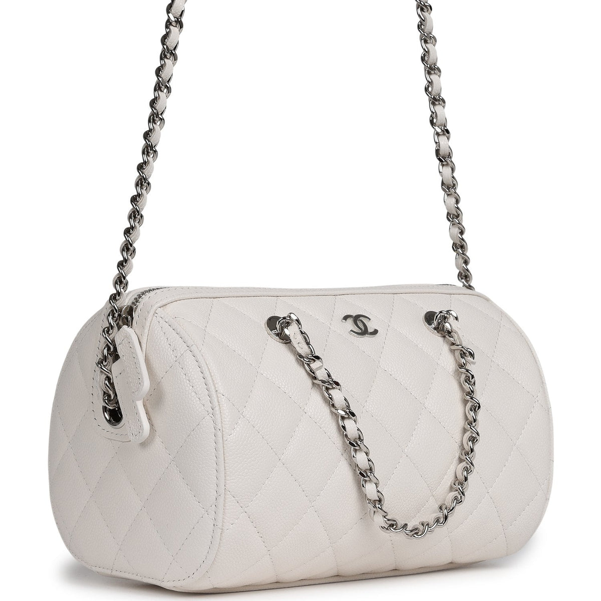 Chanel Mini Timeless Classic Barrel Bag with Chain White Shiny Caviar Silver Hardware