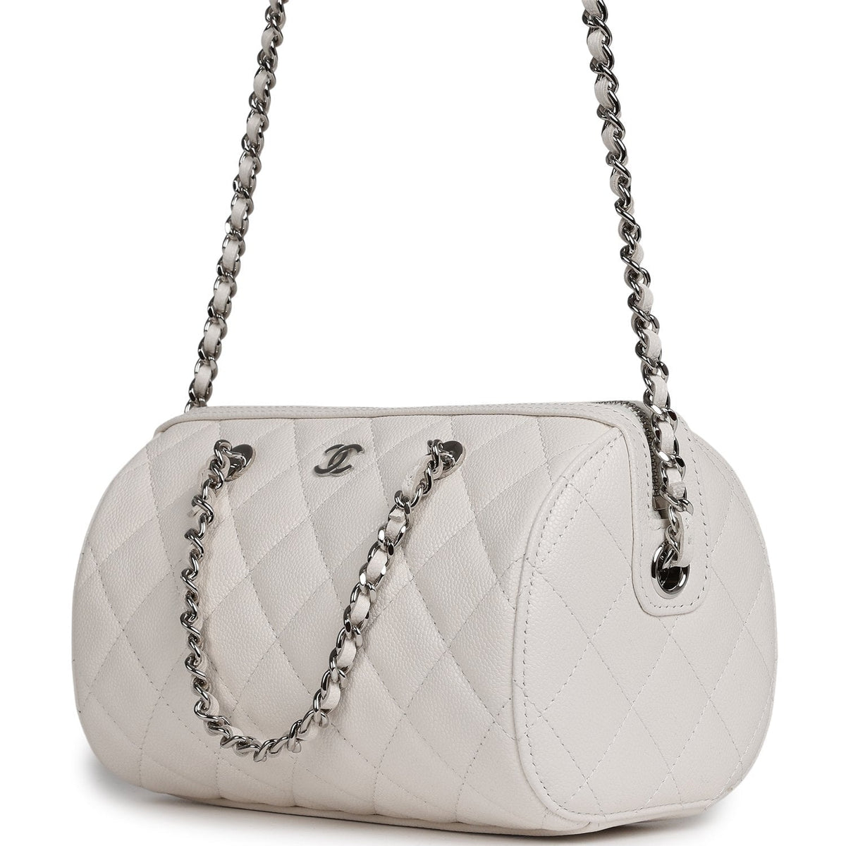 Chanel Mini Timeless Classic Barrel Bag with Chain White Shiny Caviar Silver Hardware
