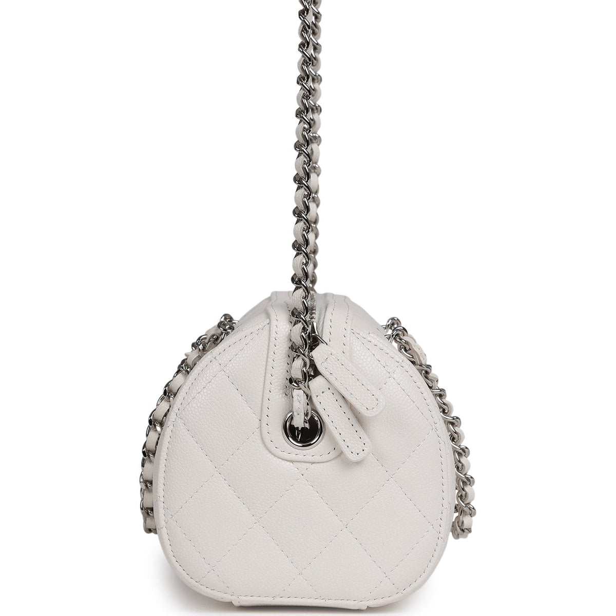 Chanel Mini Timeless Classic Barrel Bag with Chain White Shiny Caviar Silver Hardware