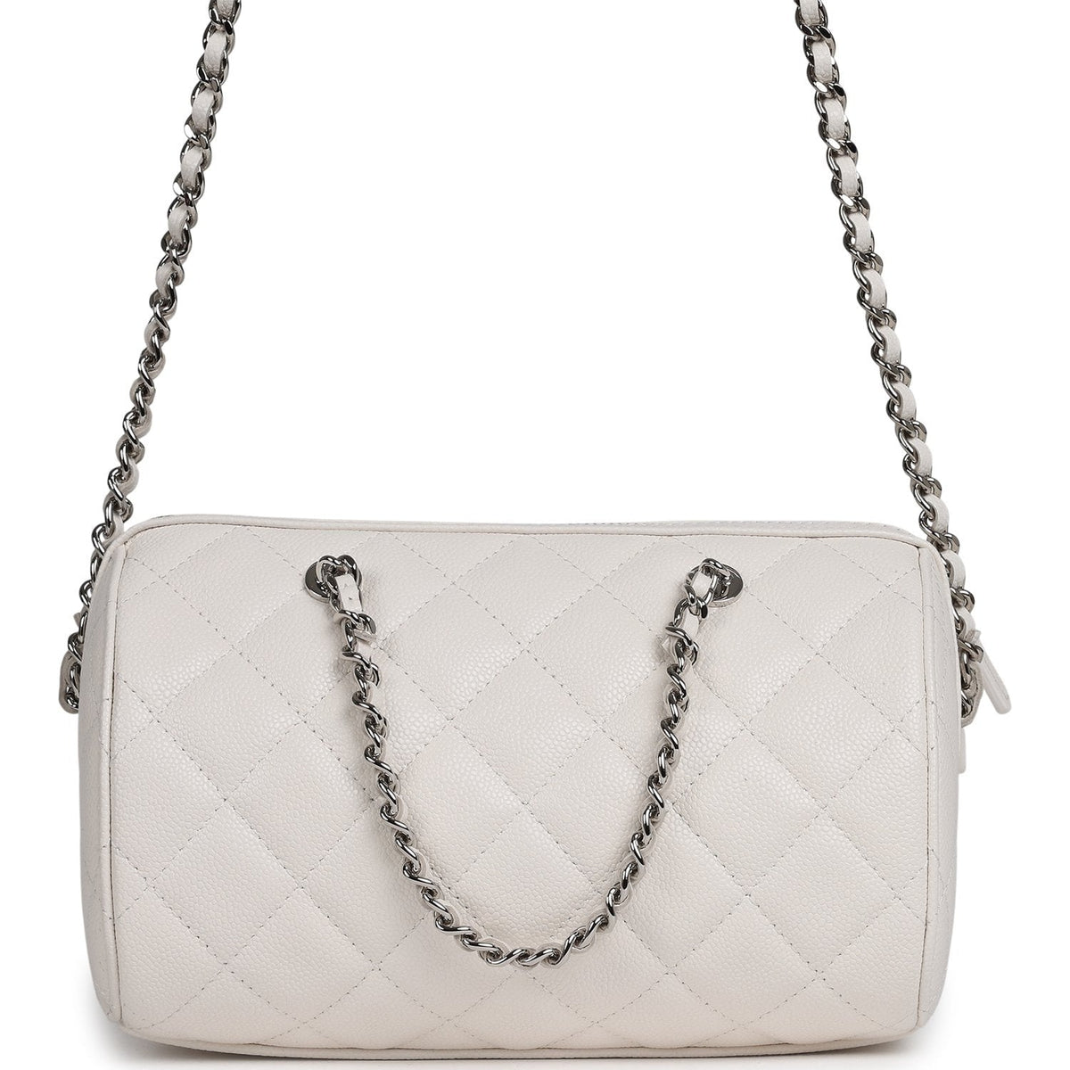 Chanel Mini Timeless Classic Barrel Bag with Chain White Shiny Caviar Silver Hardware