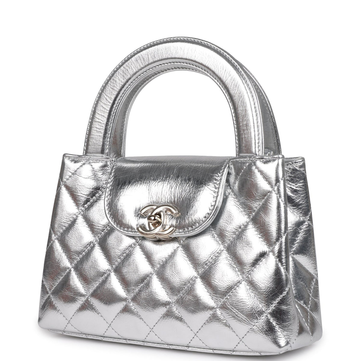 Chanel Small Kelly Shopper Silver Metallic Calfskin Light Gold Hardware