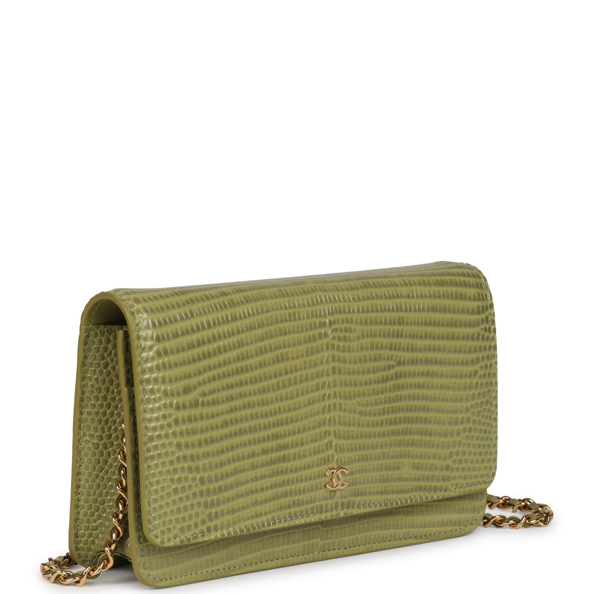Chanel Wallet On Chain WOC Green Lizard Embossed Calfskin Gold Hardware