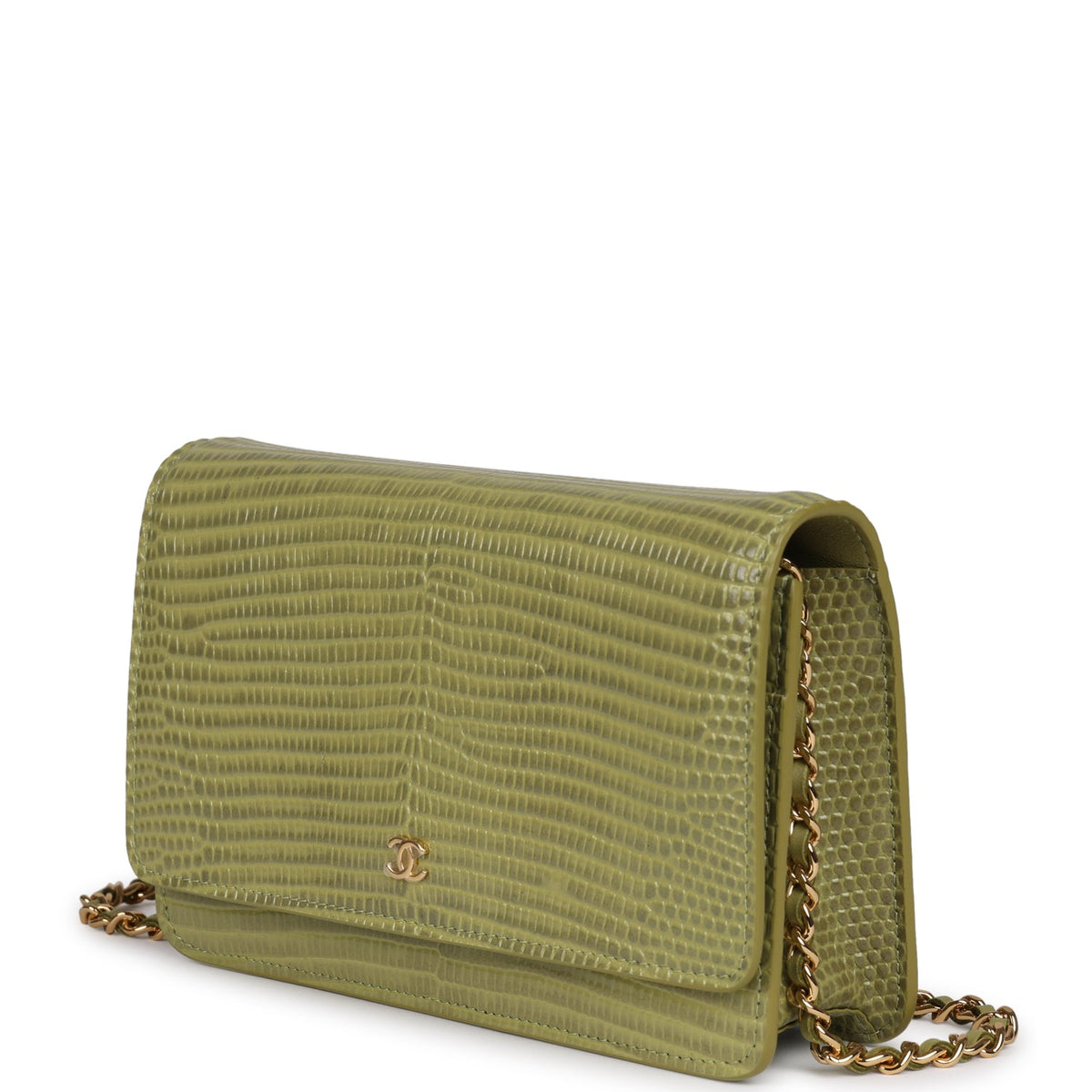 Chanel Wallet On Chain WOC Green Lizard Embossed Calfskin Gold Hardware