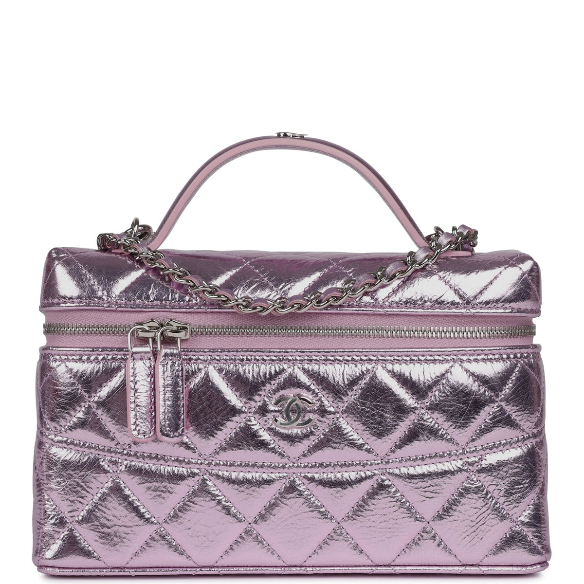 Chanel Top Handle Long Vanity Case with Chain Pink Metallic Calfskin Gold Hardware