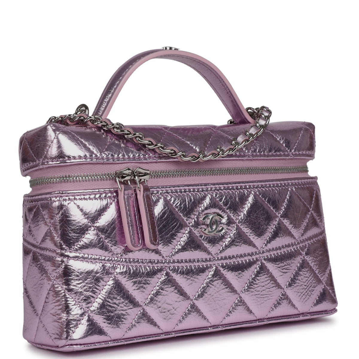 Chanel Top Handle Long Vanity Case with Chain Pink Metallic Calfskin Gold Hardware