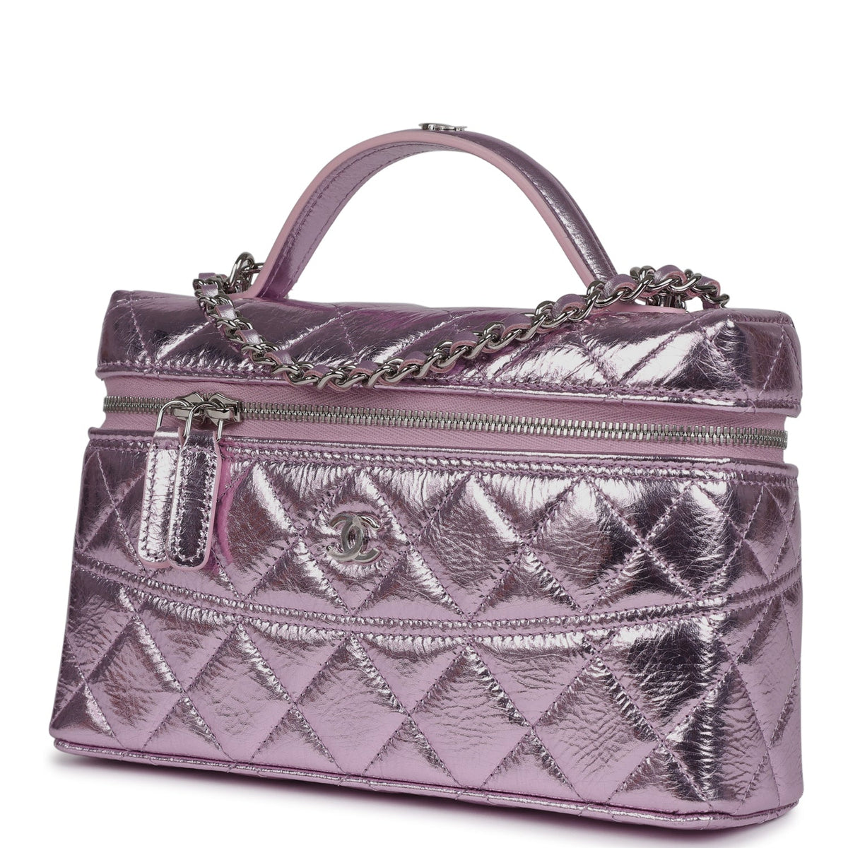 Chanel Top Handle Long Vanity Case with Chain Pink Metallic Calfskin Gold Hardware