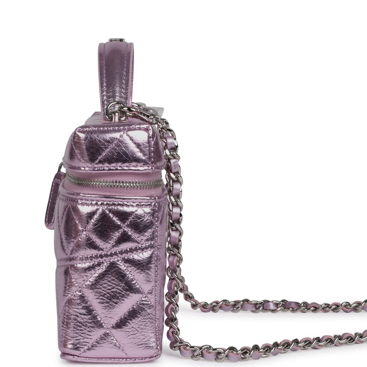 Chanel Top Handle Long Vanity Case with Chain Pink Metallic Calfskin Gold Hardware