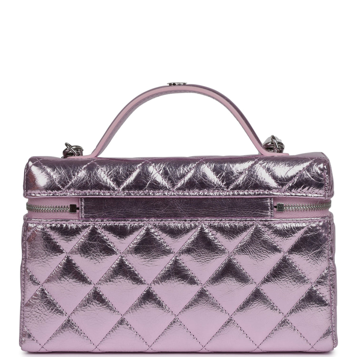 Chanel Top Handle Long Vanity Case with Chain Pink Metallic Calfskin Gold Hardware