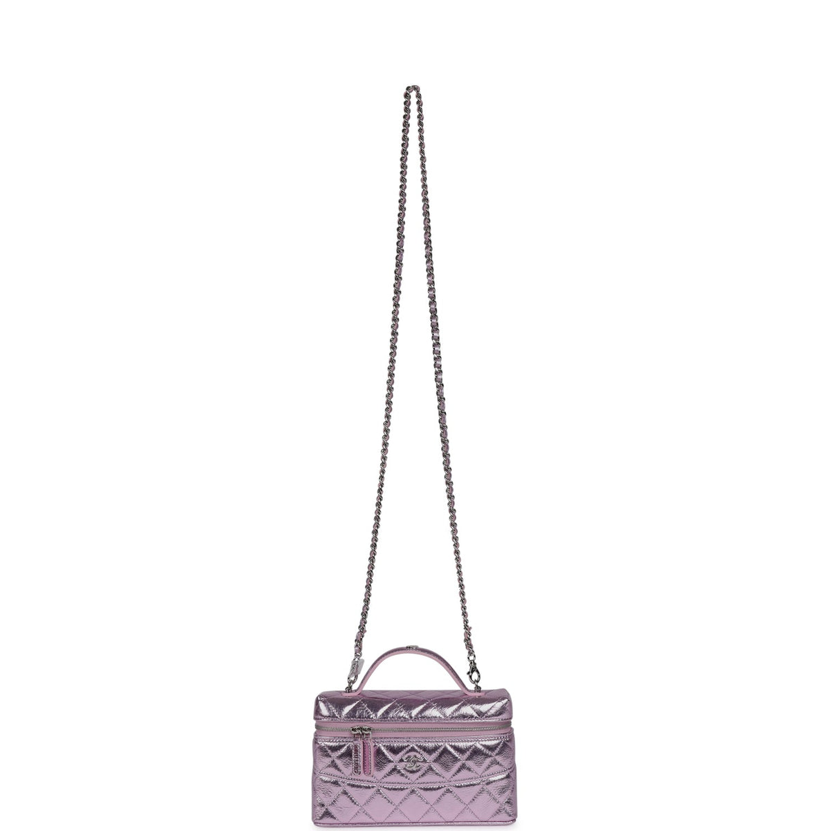 Chanel Top Handle Long Vanity Case with Chain Pink Metallic Calfskin Gold Hardware