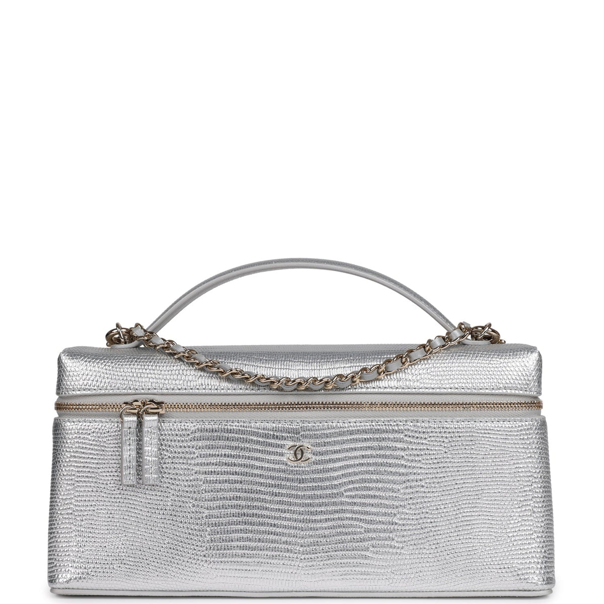 Chanel Top Handle Long Vanity Case with Chain Silver Metallic Lizard Embossed Calfskin Light Gold Hardware