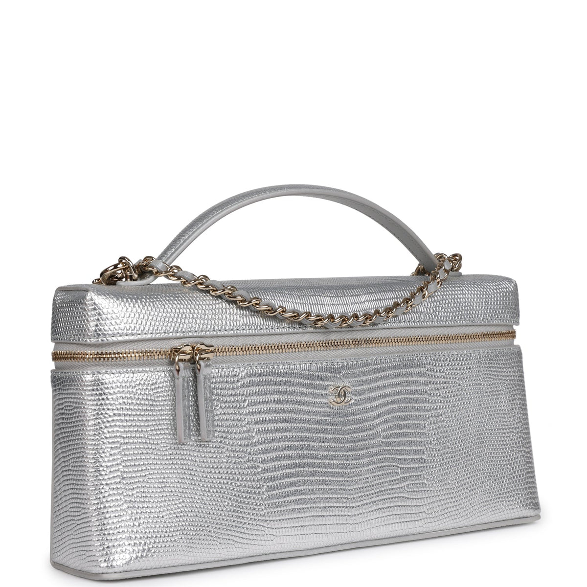 Chanel Top Handle Long Vanity Case with Chain Silver Metallic Lizard Embossed Calfskin Light Gold Hardware