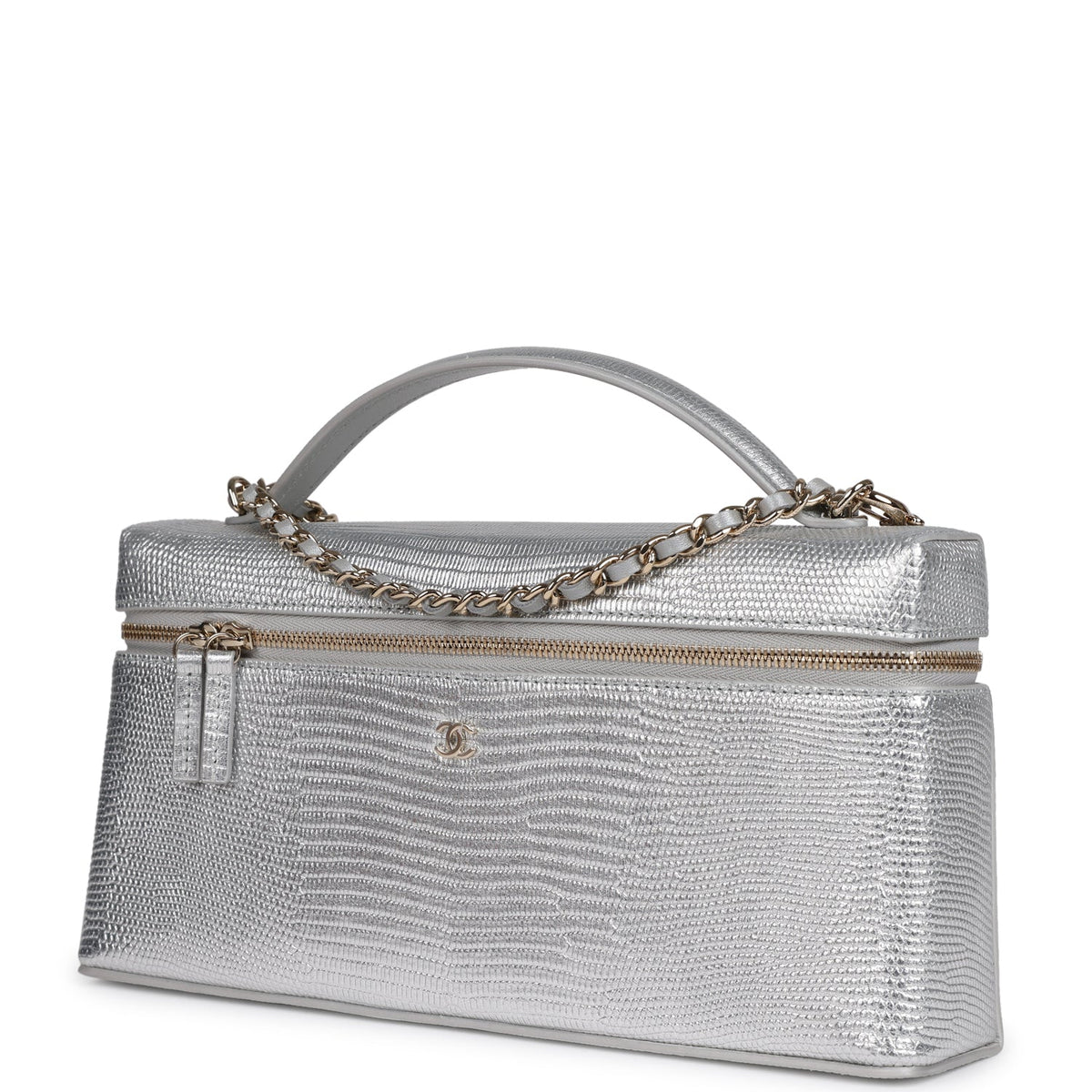 Chanel Top Handle Long Vanity Case with Chain Silver Metallic Lizard Embossed Calfskin Light Gold Hardware