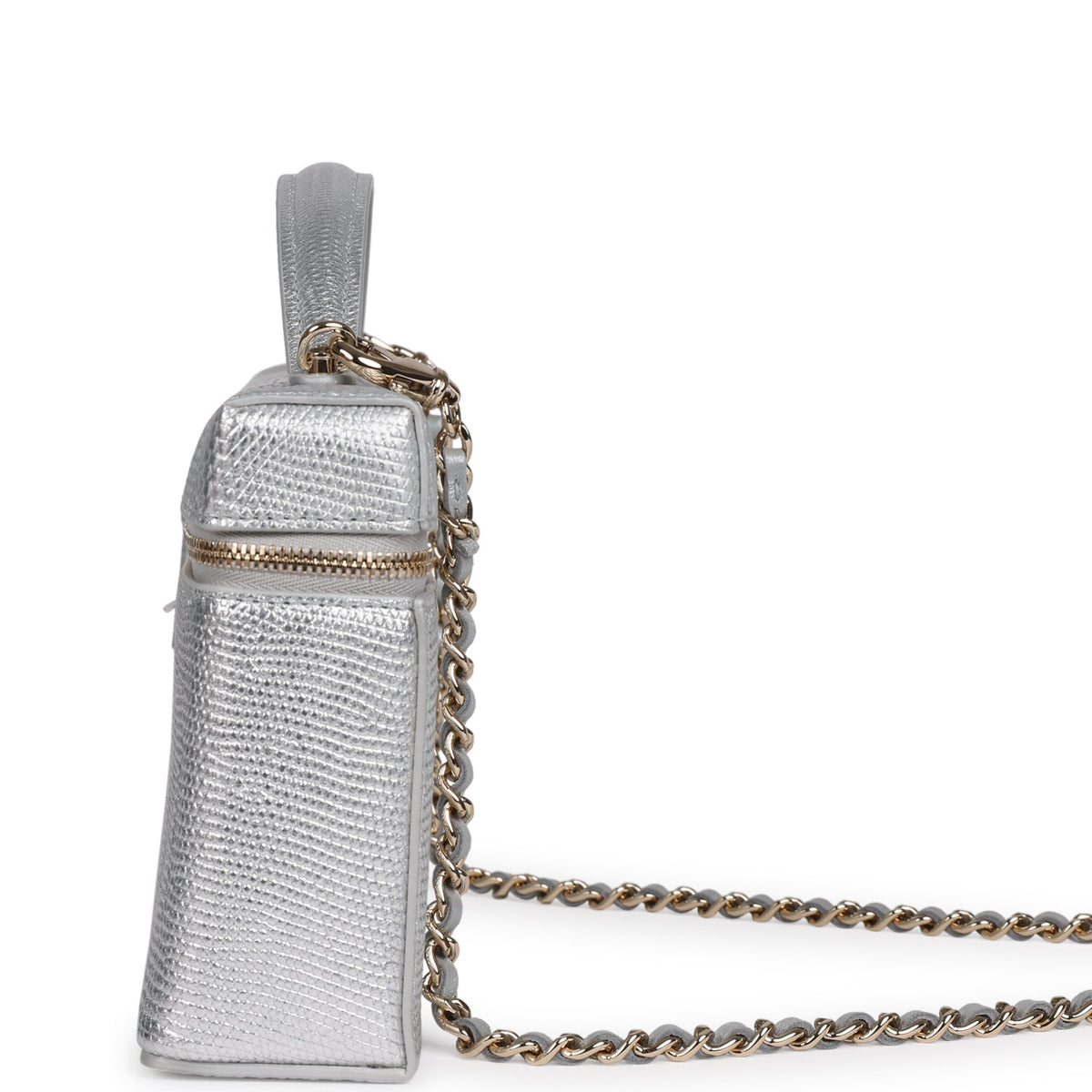 Chanel Top Handle Long Vanity Case with Chain Silver Metallic Lizard Embossed Calfskin Light Gold Hardware