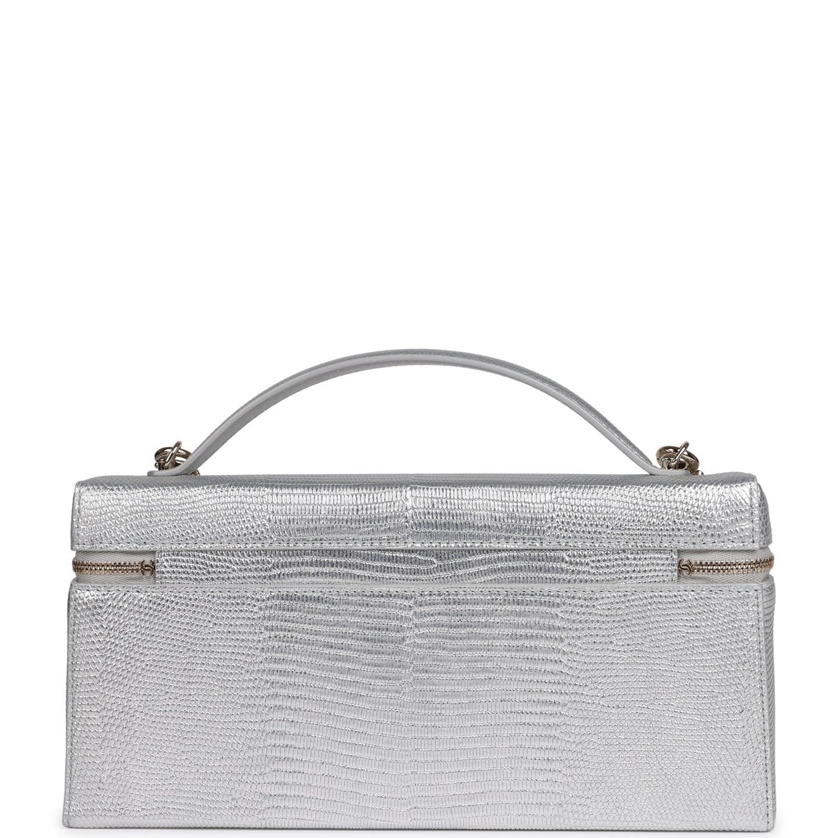Chanel Top Handle Long Vanity Case with Chain Silver Metallic Lizard Embossed Calfskin Light Gold Hardware