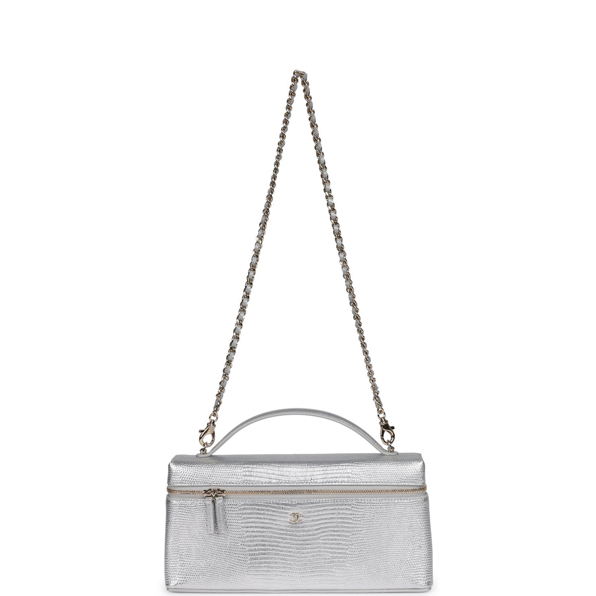 Chanel Top Handle Long Vanity Case with Chain Silver Metallic Lizard Embossed Calfskin Light Gold Hardware