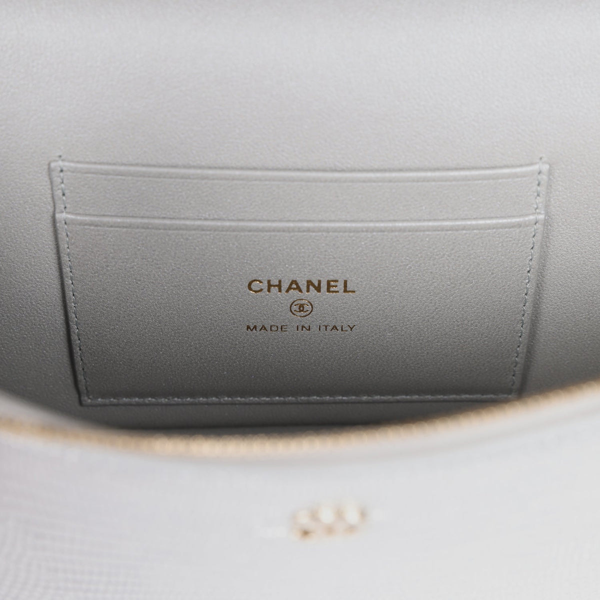 Chanel Top Handle Long Vanity Case with Chain Silver Metallic Lizard Embossed Calfskin Light Gold Hardware