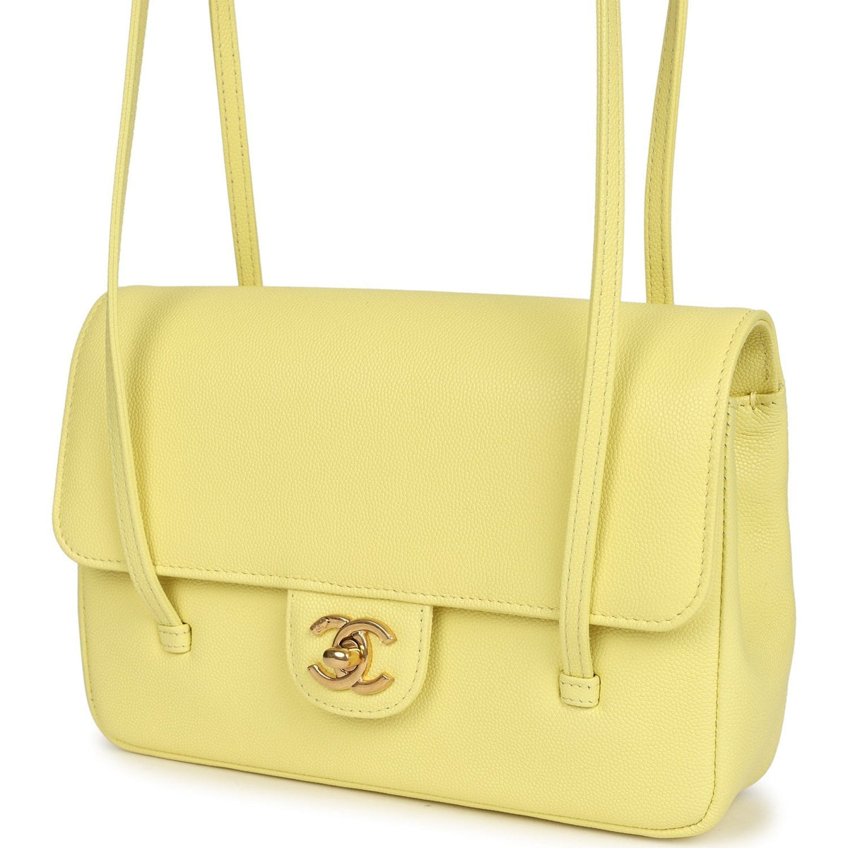 Chanel Small Preppy Coco Flap Bag Light Yellow Caviar Brushed Gold Hardware