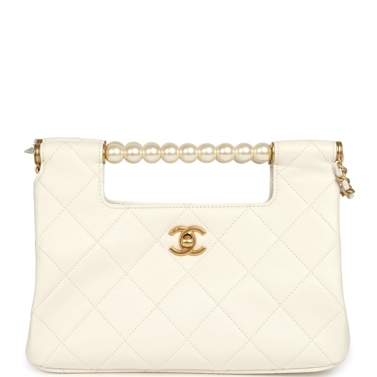 Chanel Pearl Top Handle Small Shopping Bag White Shiny Lambskin Brushed Gold Hardware