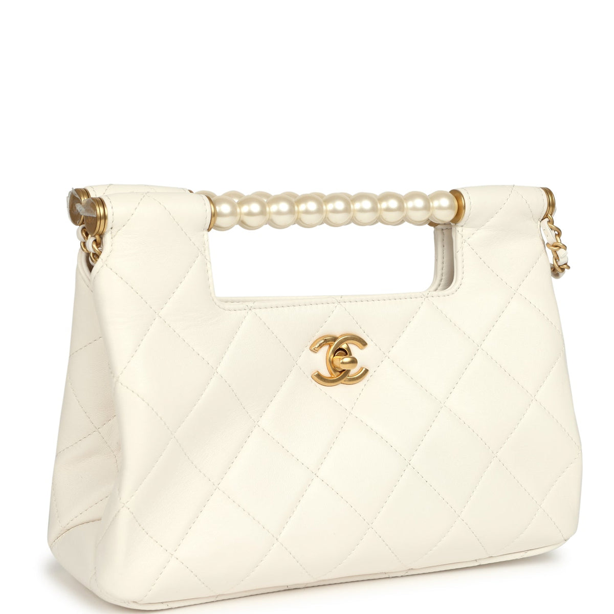 Chanel Pearl Top Handle Small Shopping Bag White Shiny Lambskin Brushed Gold Hardware