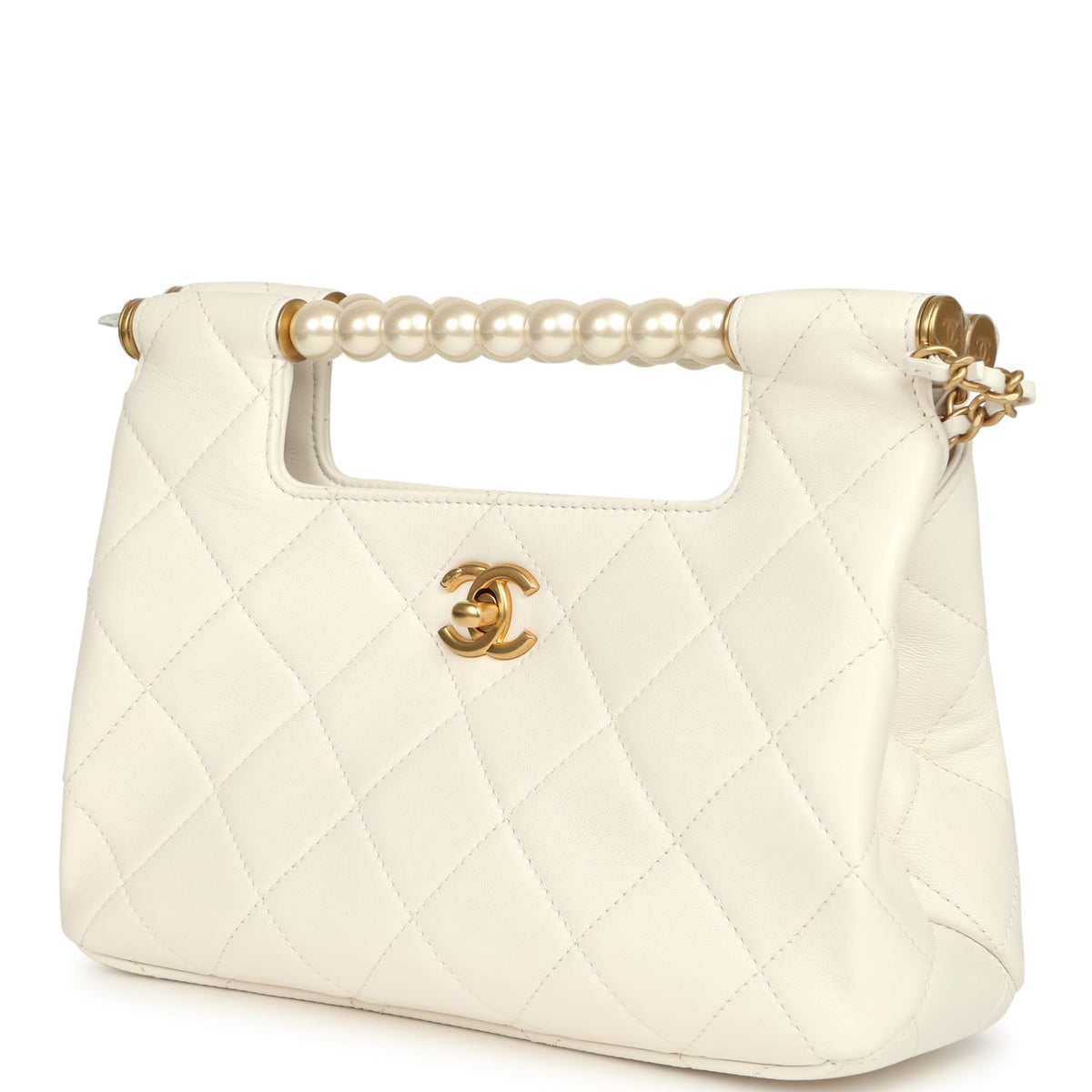 Chanel Pearl Top Handle Small Shopping Bag White Shiny Lambskin Brushed Gold Hardware