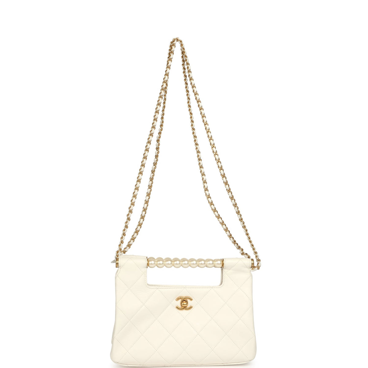 Chanel Pearl Top Handle Small Shopping Bag White Shiny Lambskin Brushed Gold Hardware